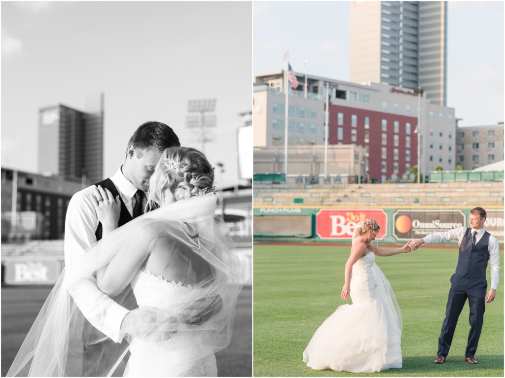 Downtown Fort Wayne Wedding Rose Courts Photography Wedding Photographer Bride and Groom Baseball Park Wedding Parkview Field Wedding