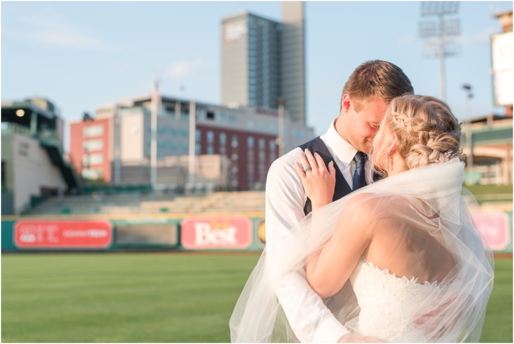Downtown Fort Wayne Wedding Rose Courts Photography Wedding Photographer Bride and Groom Baseball Park Wedding Parkview Field Wedding