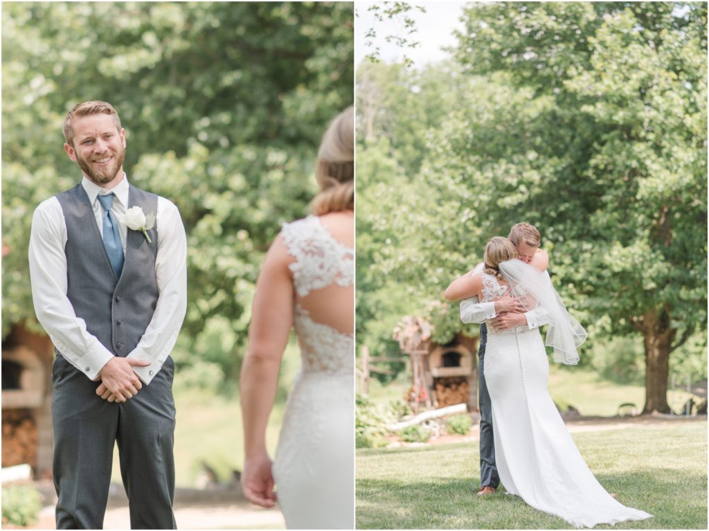 First Look Wedding Photography Blush and Slate Blue Wedding Heritage Farm and Events Indiana Wedding Photographer Rose Courts Photography