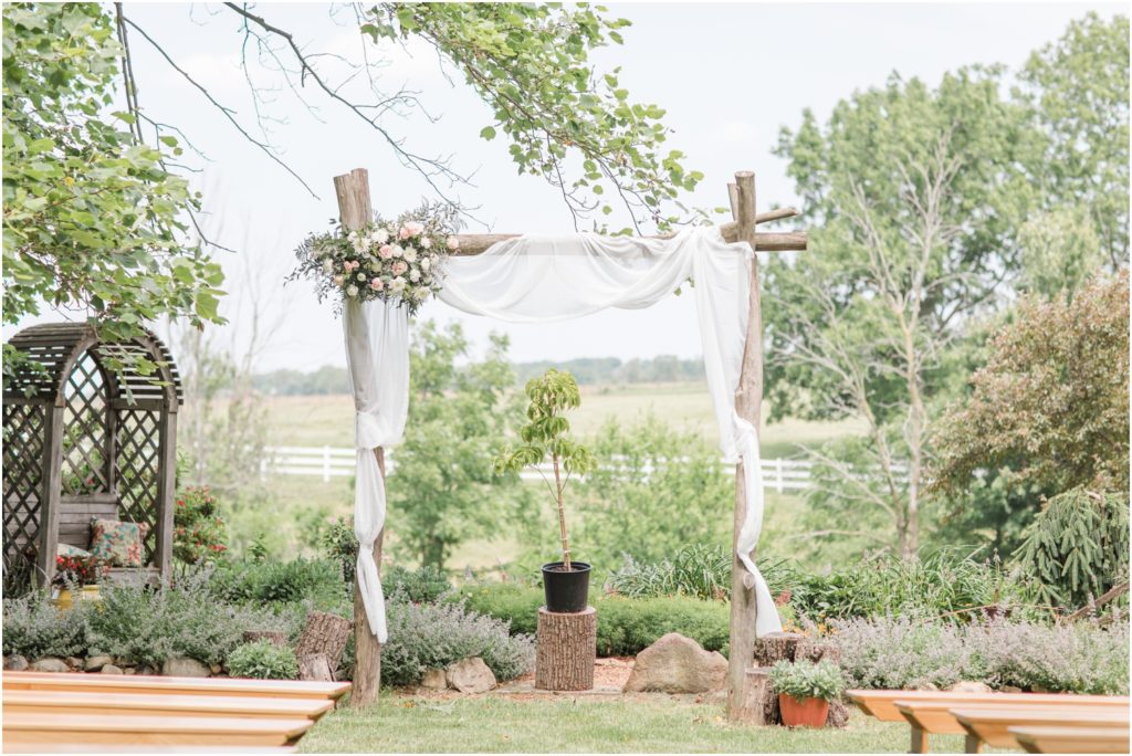 Outdoor Ceremony Wedding Photography Blush and Slate Blue Wedding Heritage Farm and Events Indiana Wedding Photographer Rose Courts Photography