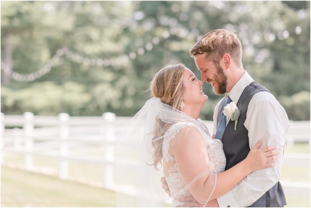 Sunset Bride and Groom Portraits Wedding Photography Blush and Slate Blue Wedding Heritage Farm and Events Indiana Wedding Photographer Rose Courts Photography