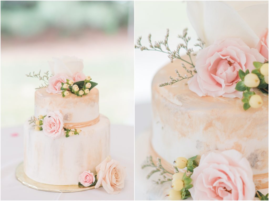 Reception Details Blush and Gold Cake Wedding Photography Blush and Slate Blue Wedding Heritage Farm and Events Indiana Wedding Photographer Rose Courts Photography