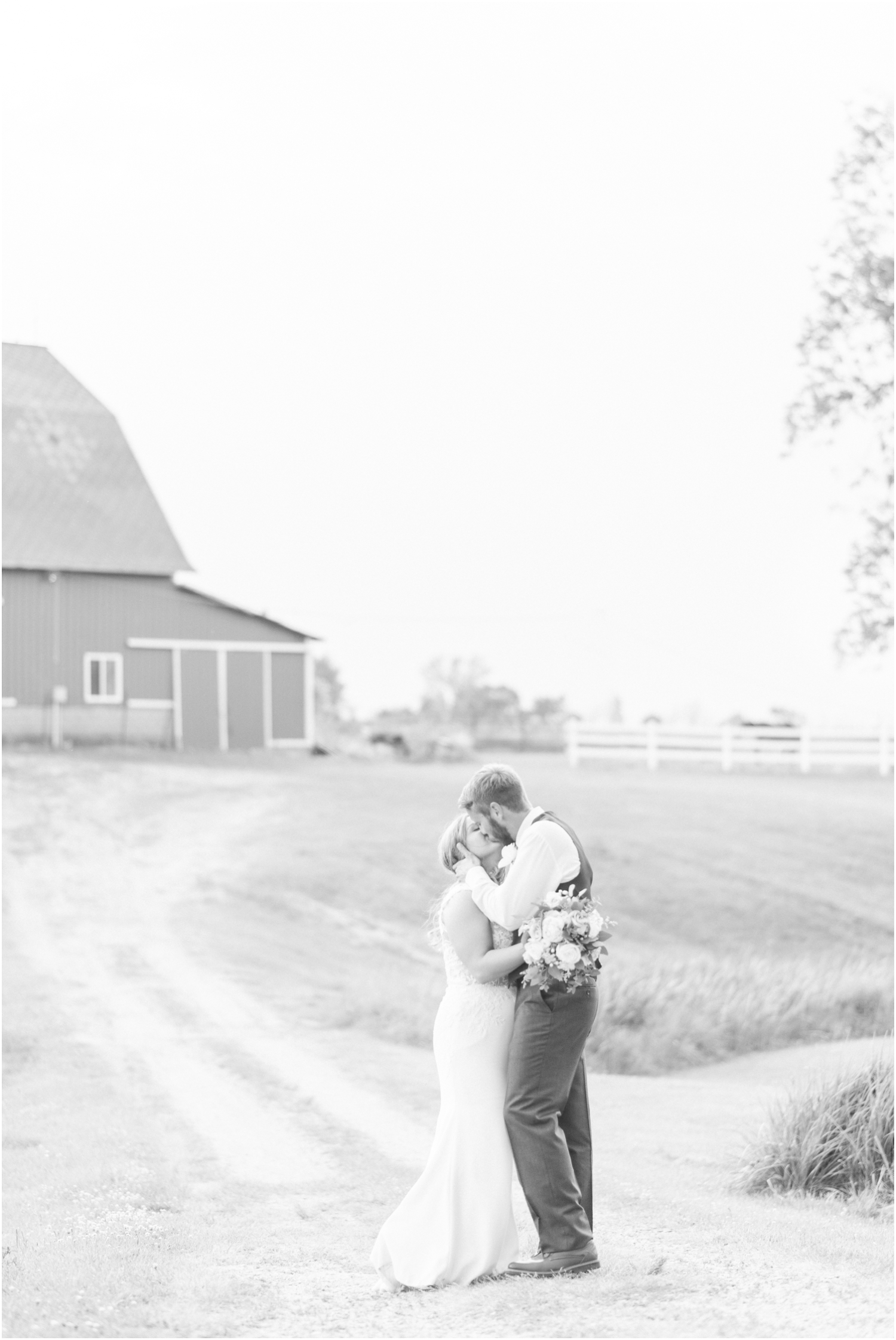 Sunset Bride and Groom Portraits Wedding Photography Blush and Slate Blue Wedding Heritage Farm and Events Indiana Wedding Photographer Rose Courts Photography
