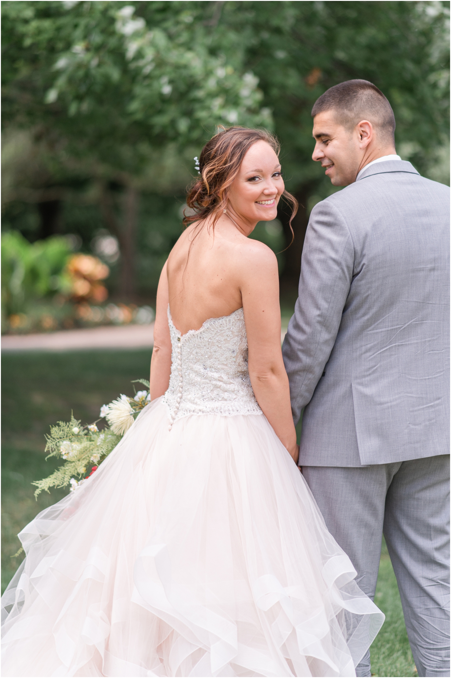 Bride and Groom Portraits Blush wedding gown Wedding Photography Grey and Coral Pink Wedding Intimate Foster Park Indiana Wedding Photographer Rose Courts Photography