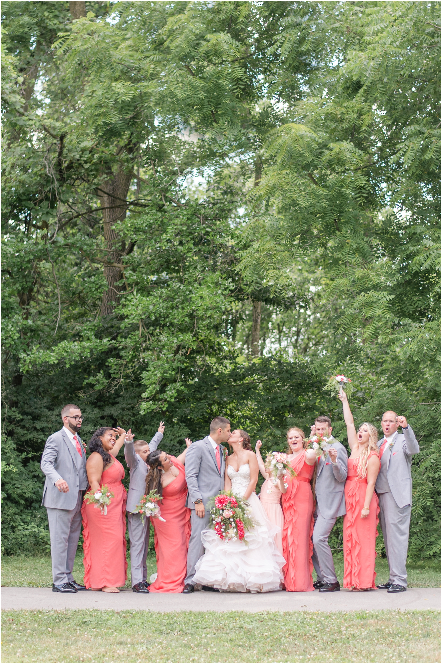 Bridal Party Portraits Blush Wedding Gown Wedding Photography Grey and Coral Pink Wedding Intimate Foster Park Indiana Wedding Photographer Rose Courts Photography