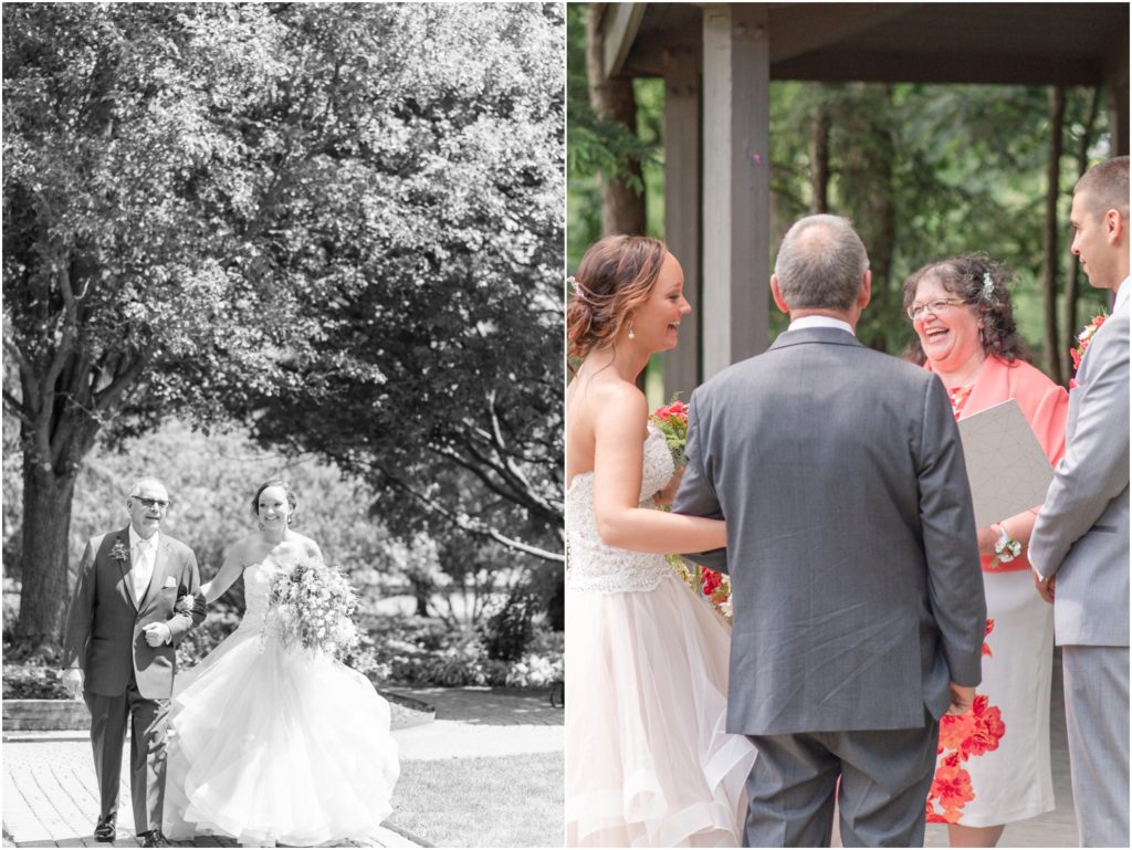 Outdoor Garden Ceremony Blush Wedding Gown Wedding Photography Grey and Coral Pink Wedding Intimate Foster Park Indiana Wedding Photographer Rose Courts Photography