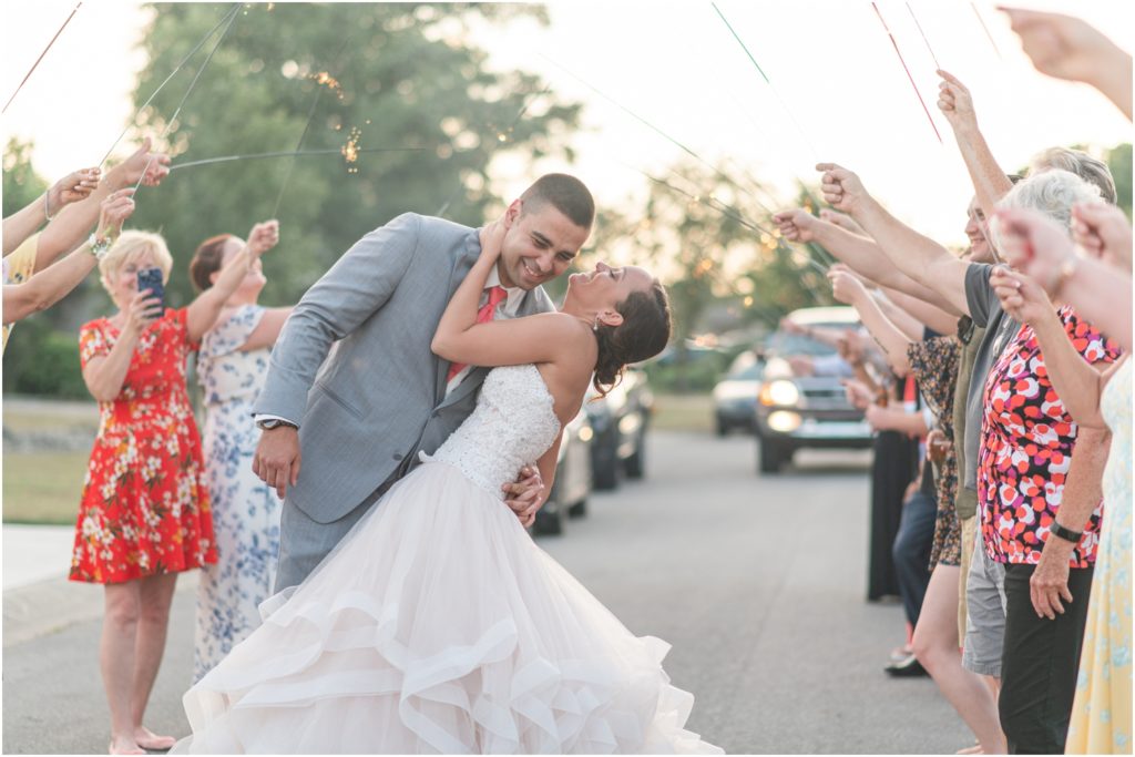 Sparkler Exit Bride and Groom Portraits Blush Wedding Gown Wedding Photography Grey and Coral Pink Wedding Intimate Foster Park Indiana Wedding Photographer Rose Courts Photography