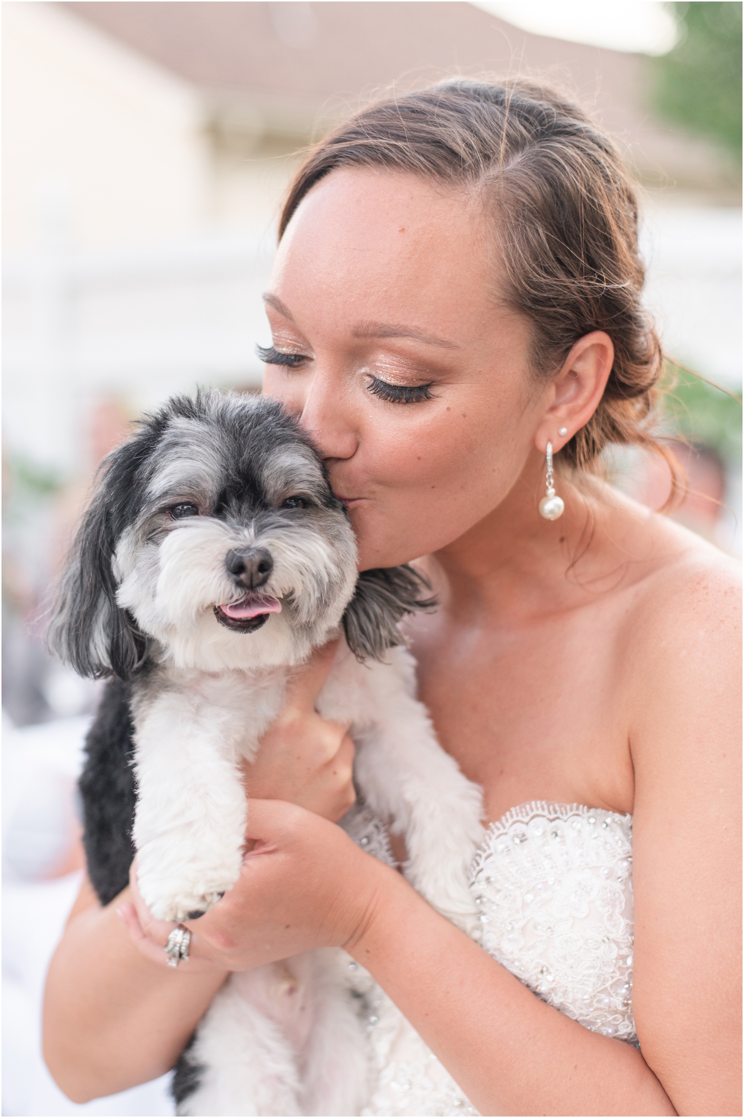 Bride and Dog Portraits Outdoor Backyard Wedding Reception Blush Wedding Gown Wedding Photography Grey and Coral Pink Wedding Intimate Flower Garden Indiana Wedding Photographer Rose Courts Photography