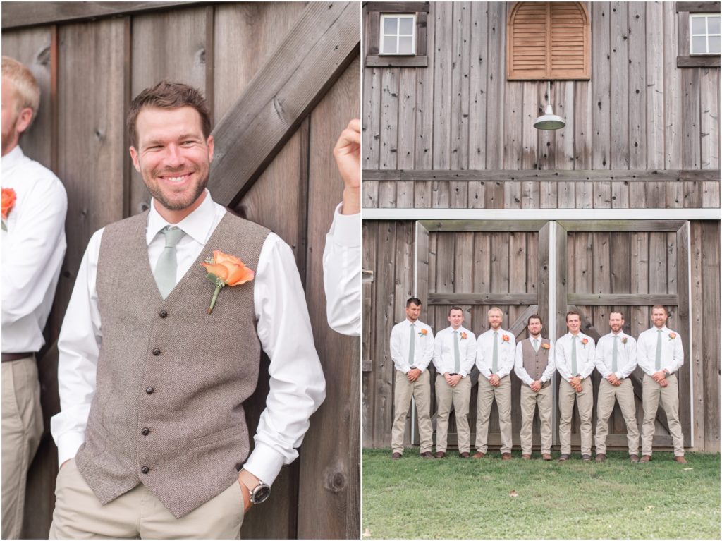 Groomsmen photos The Barn at Kennedy Farm Wedding with bright, colorful florals and sage green bridesmaids Indiana Wedding Photographer Rose Courts Photography