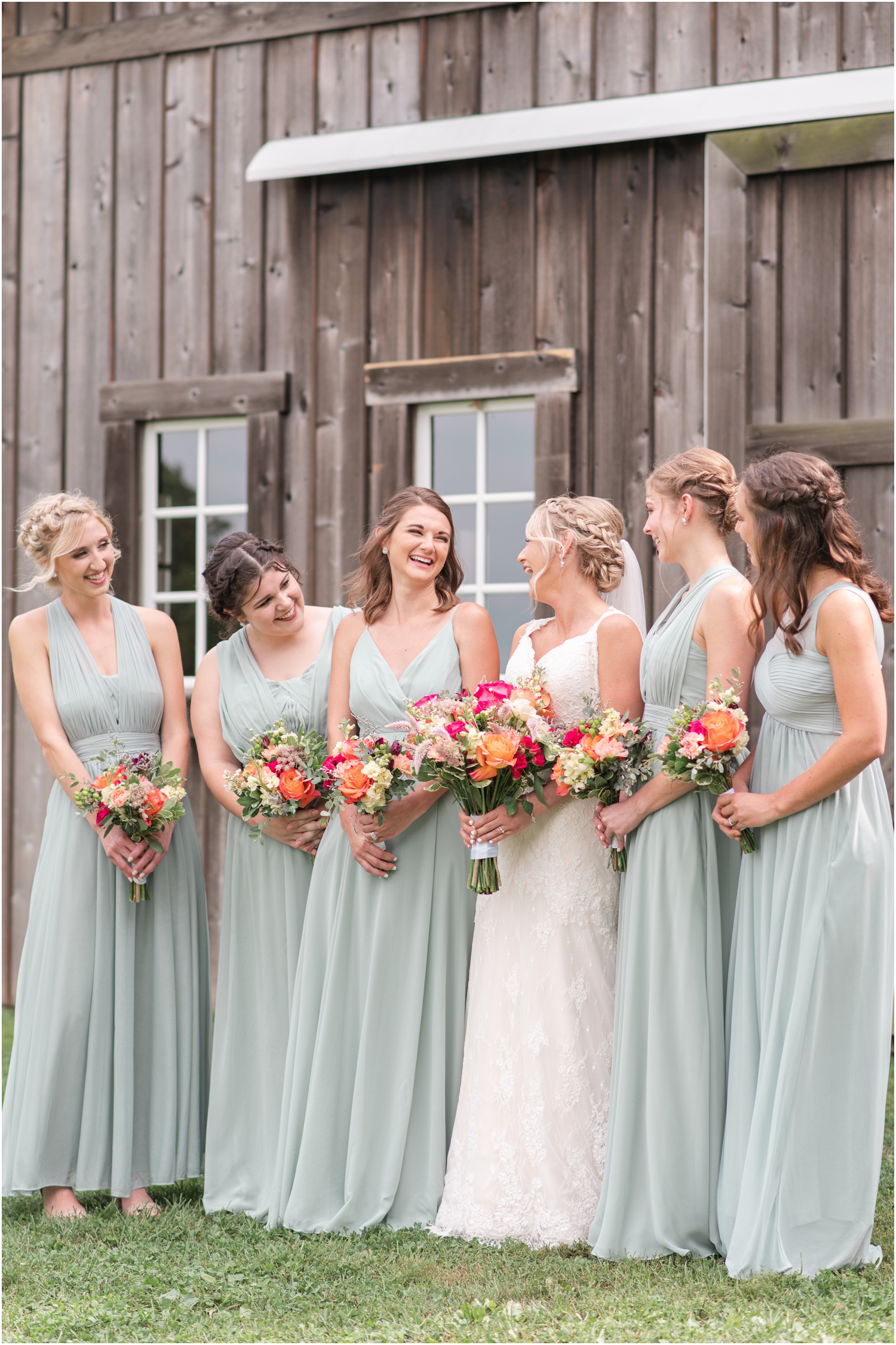 Bridesmaids photos The Barn at Kennedy Farm Wedding with bright, colorful bouquets and sage green bridesmaids Indiana Wedding Photographer Rose Courts Photography
