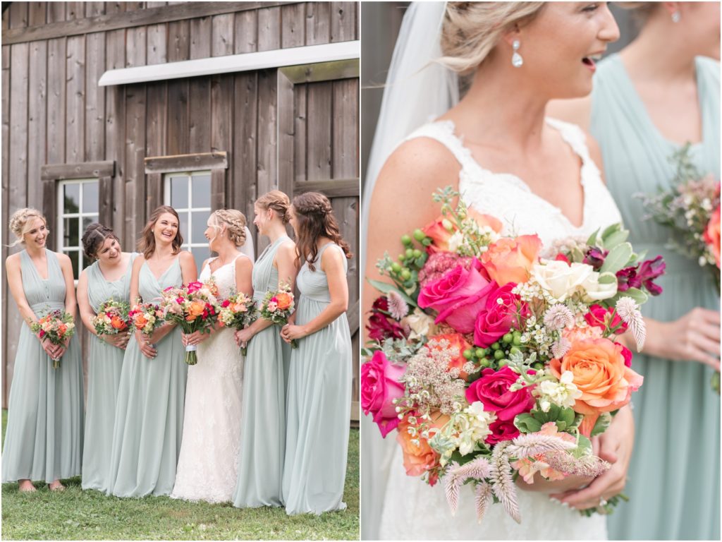 Multi-Colored bridal bouquet The Barn at Kennedy Farm Wedding with bright, colorful bouquets and sage green bridesmaids Indiana Wedding Photographer Rose Courts Photography