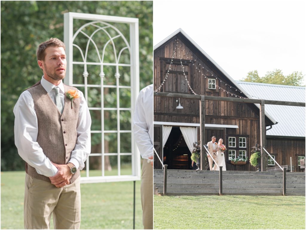 Groom's reaction outdoor ceremony Multi-Colored bridal bouquet The Barn at Kennedy Farm Wedding with bright, colorful bouquets and sage green bridesmaids Indiana Wedding Photographer Rose Courts Photography