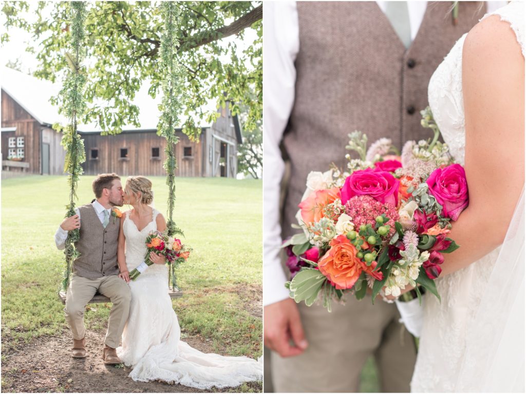 Bride and groom portraits outdoor ceremony Multi-Colored bridal bouquet The Barn at Kennedy Farm Wedding with bright, colorful bouquets and sage green bridesmaids Indiana Wedding Photographer Rose Courts Photography