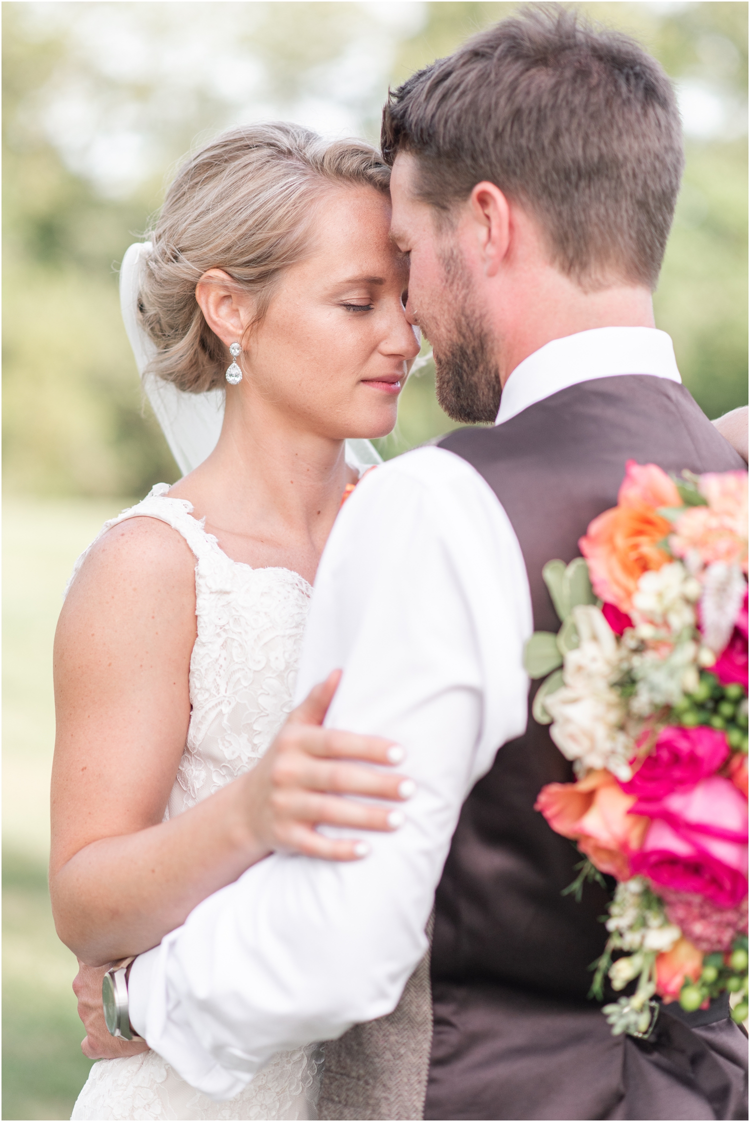 Bride and groom portraits outdoor ceremony Multi-Colored bridal bouquet The Barn at Kennedy Farm Wedding with bright, colorful bouquets and sage green bridesmaids Indiana Wedding Photographer Rose Courts Photography