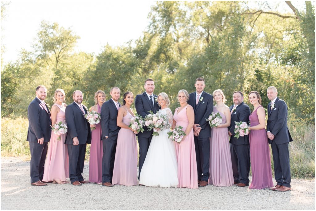 Wedding Party Bride and Groom Portraits Wedding Photography Navy Blue and Rosy Pink Wedding VenueThe Charles Event Center Indiana Wedding Photographer Rose Courts Photography