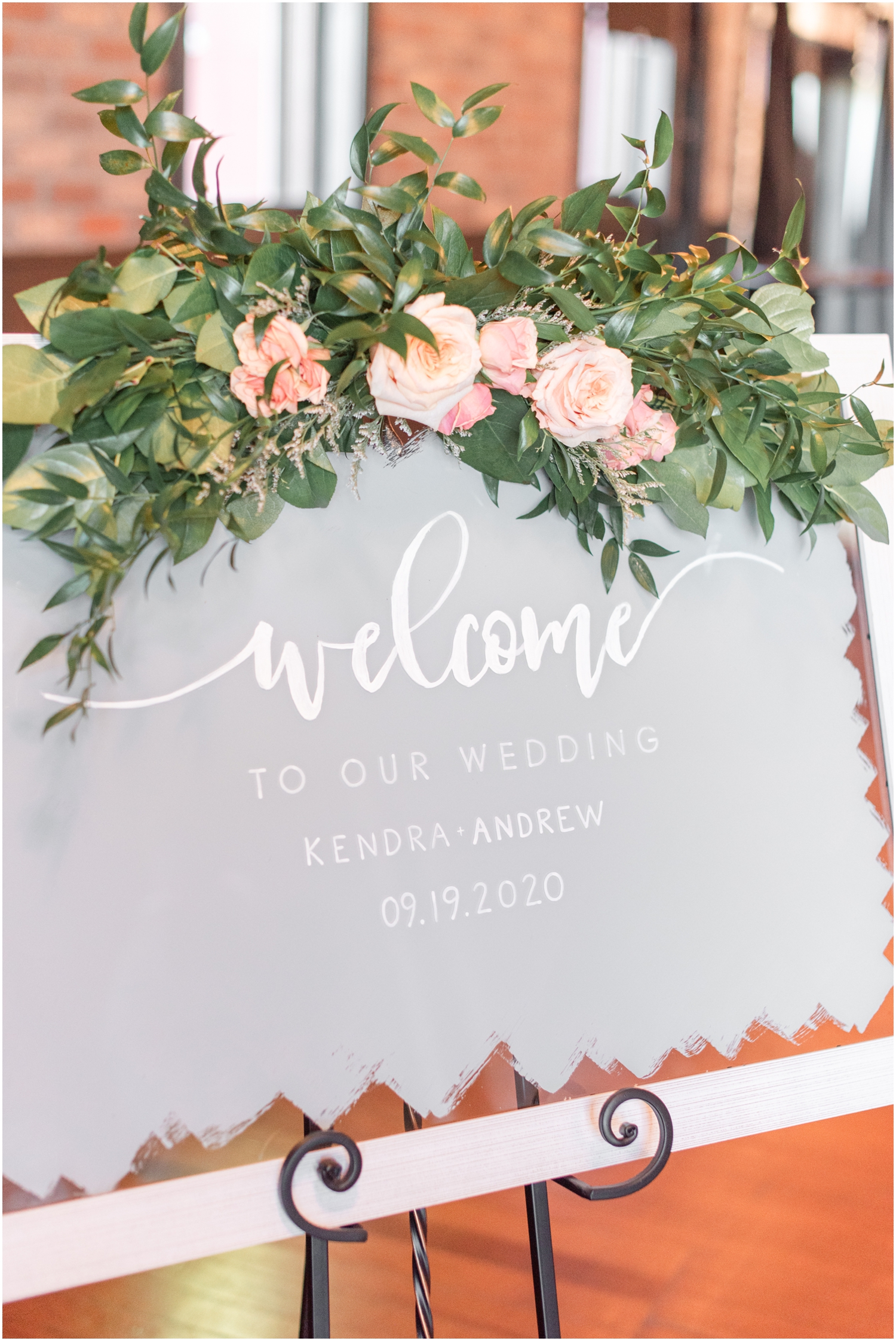 Welcome to our Wedding Hand-Painted Sign Wedding Photography Navy Blue and Rosy Pink Wedding VenueThe Charles Event Center Indiana Wedding Photographer Rose Courts Photography