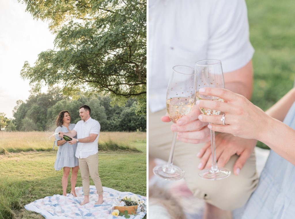 photo of champagne pop at Sunset Picnic Engagement Session at Metea Park by Courtney Rudicel, a wedding photographer in Indiana