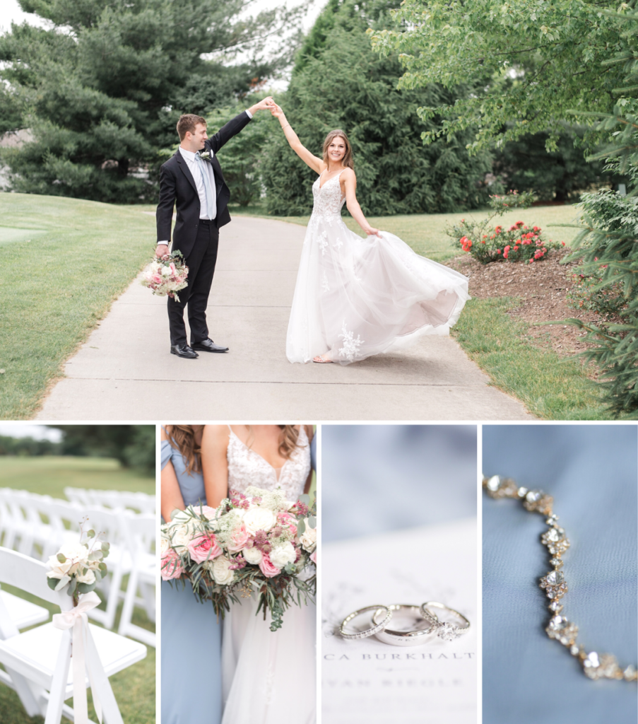 Iron & Ember Events Wedding in Indianapolis, Indiana featuring dusty blue Birdy Grey bridesmaids' dresses and gorgeous textured florals sprinkled with blush pink roses. 