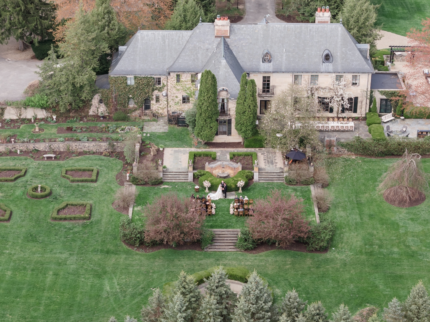 Greencrest Manor outdoor wedding ceremony drone photo by Michigan Wedding Photographer Courtney Rudicel
