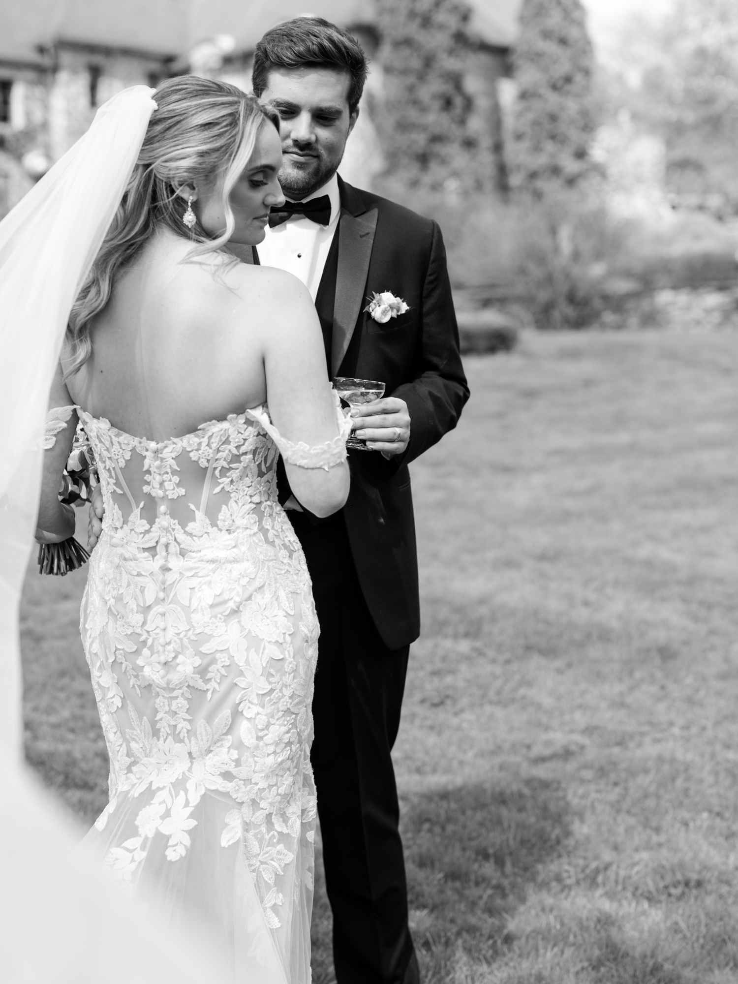 Greencrest Manor mansion cocktail hour in gardens by Michigan Wedding Photographer Courtney Rudicel