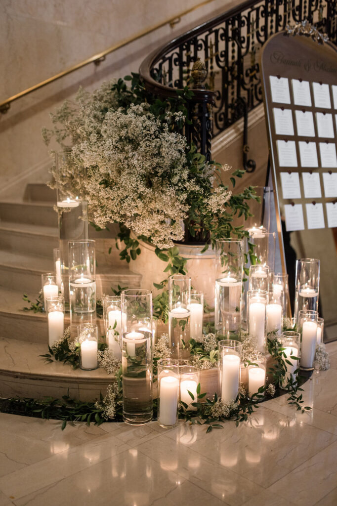 Floral and candle setup at stars of Detroit Athletic Club, one of the best wedding venues in Metro Detroit Michigan