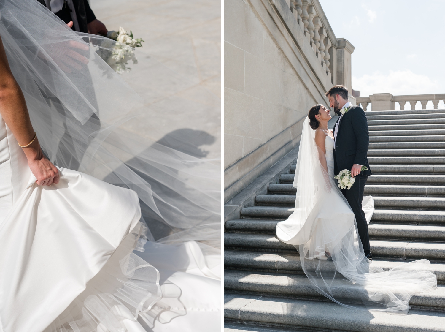 Bride and Groom Portraits on stone steps of Indianapolis War Memorial.