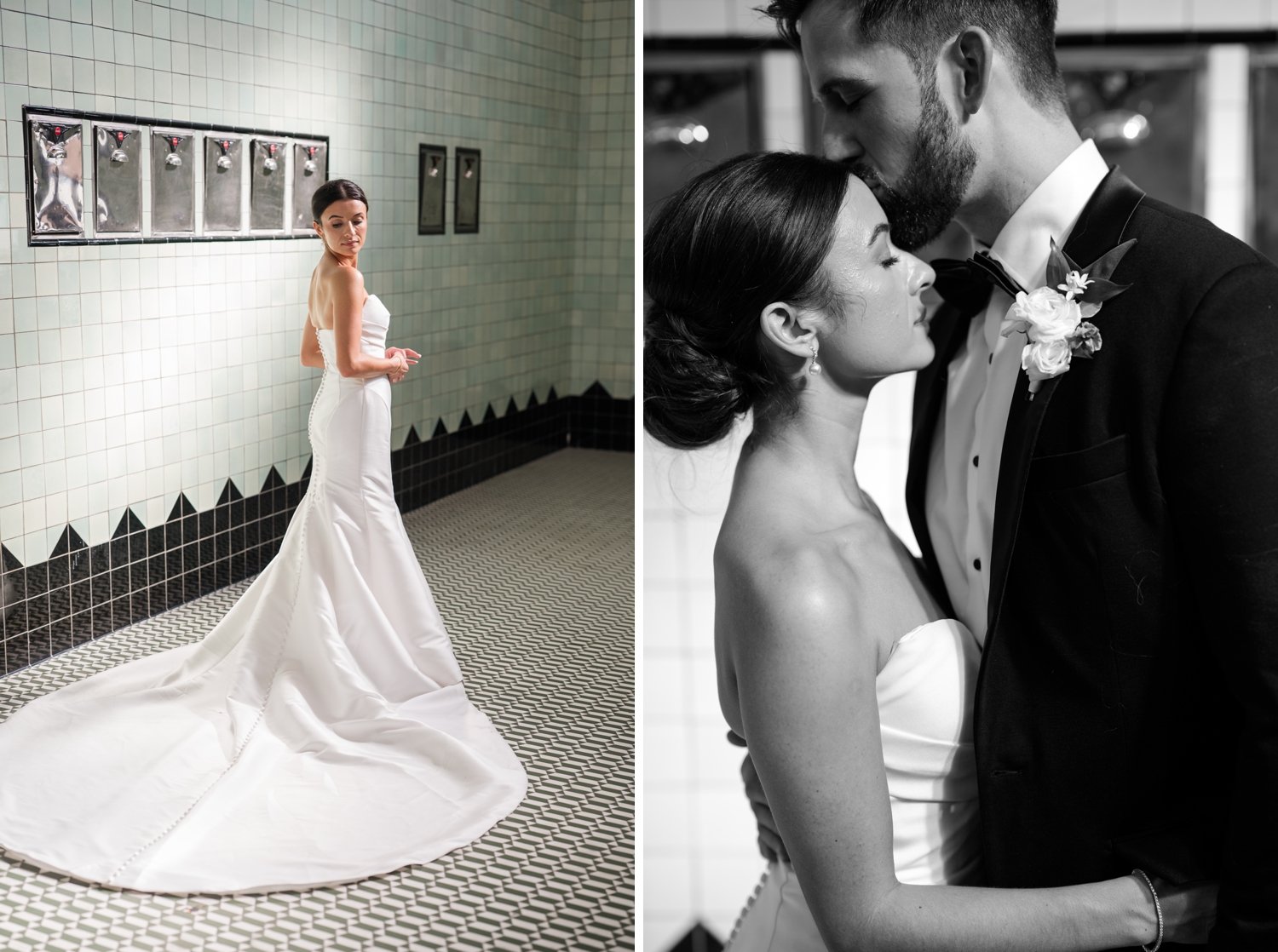 Bride and groom portraits inside Bottleworks Hotel’s historic bottling room.