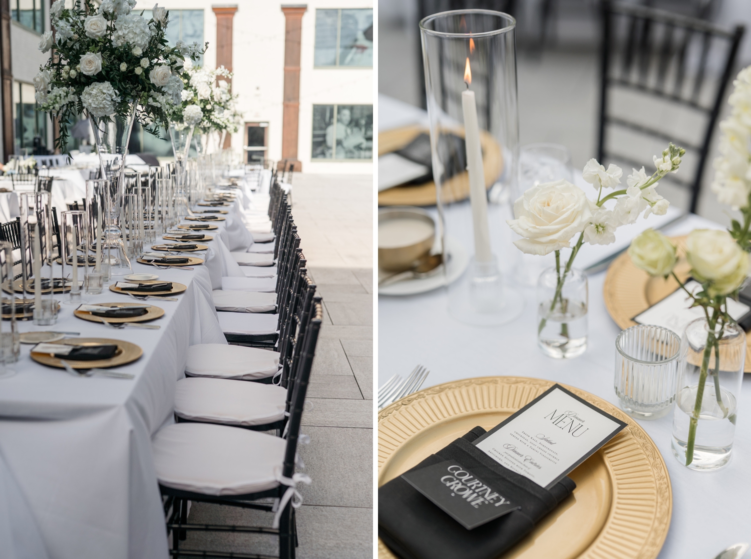 Al fresco reception setup at Bottleworks Hotel with white florals and candlelight.