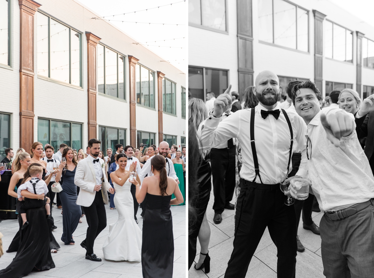 Al fresco reception dancing at Bottleworks Hotel courtyard.
