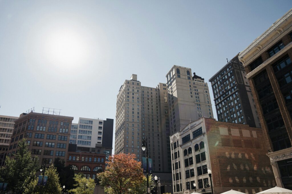 Downtown Detroit engagement photos location idea with skyline in the background. 