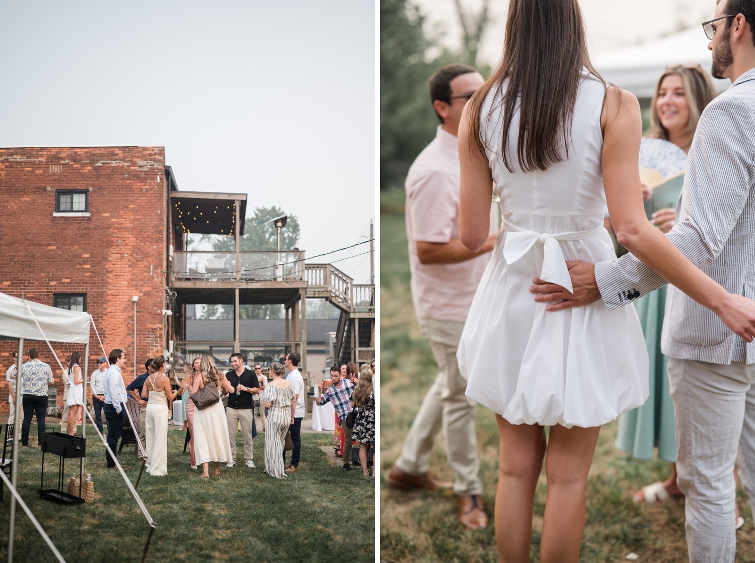 Guests gathering on the lawn beside a white tent during Jordan and Maxx's rehearsal dinner in Detroit
