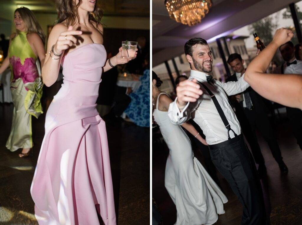 Wedding guests dancing with drinks in hand during Jordan and Maxx's evening reception.