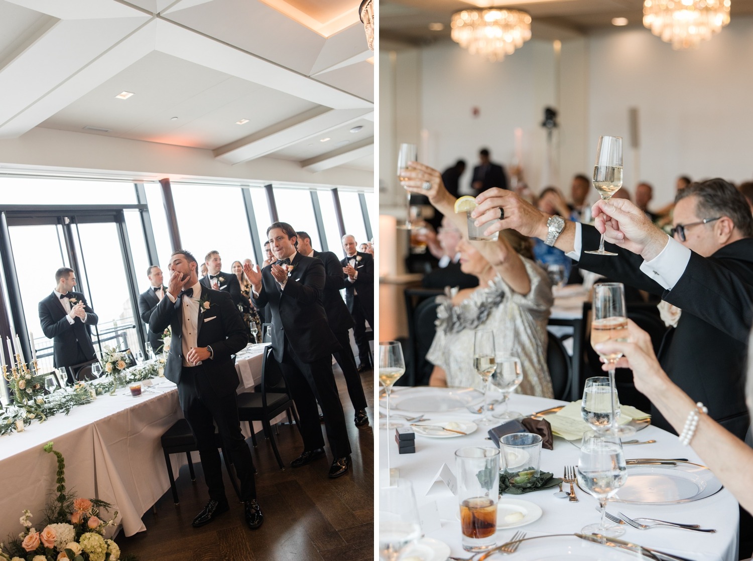 Wedding guests raising their glasses for a toast during dinner in the lakefront Ballroom at The War Memorial.