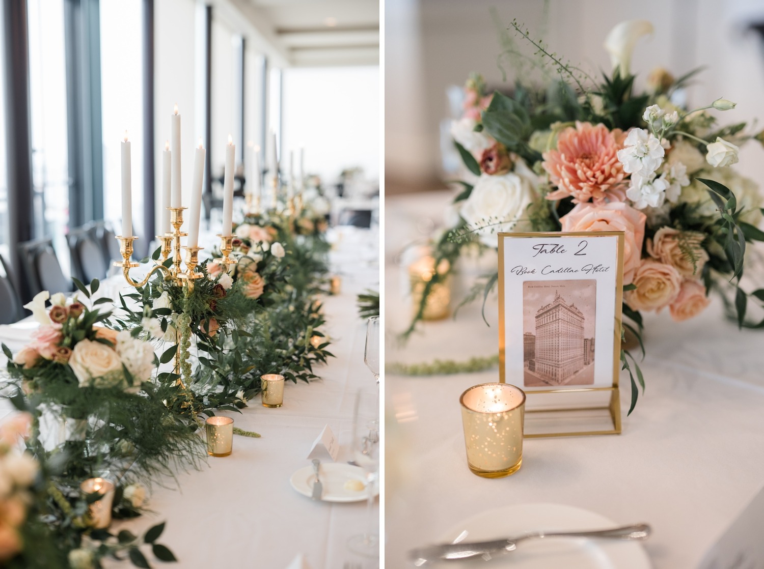 Peach and white wedding florals, gold candlesticks, and a framed table number decorating the reception tables at The War Memorial.